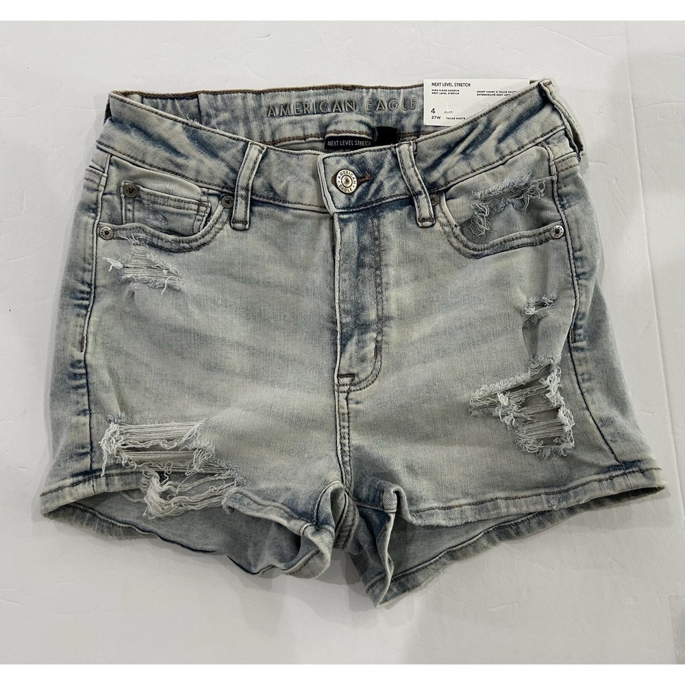American Eagle Hi-Rise Stretch Shortie Ripped Blue Jean Shorts Size 4 New $59.95